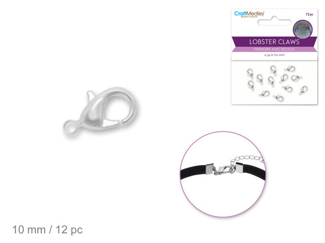 10mm Silver Lobster Claw Jewelry Findings with Clasp, Set of 12
