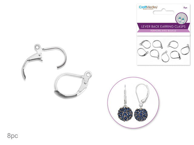 15mmx11mm Silver Lever Back Earring Clasp with Loop, Jewelry Findings (Pack of 8)