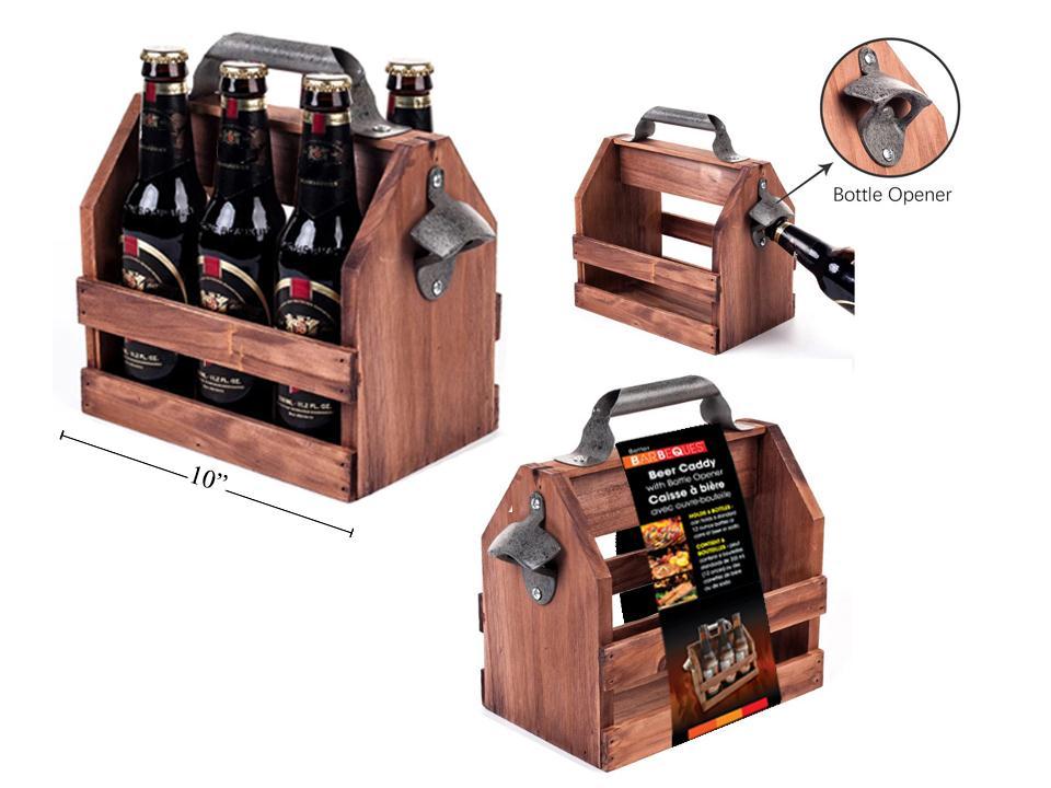 BBQ Wooden Beer Caddy w/Metal Handle & Bottle Opener
