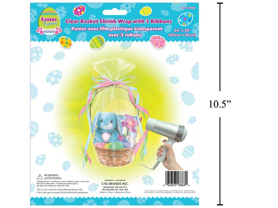 Easter Clear Basket Shrink Wrap w/3 Ribbons, 24"x30", insert