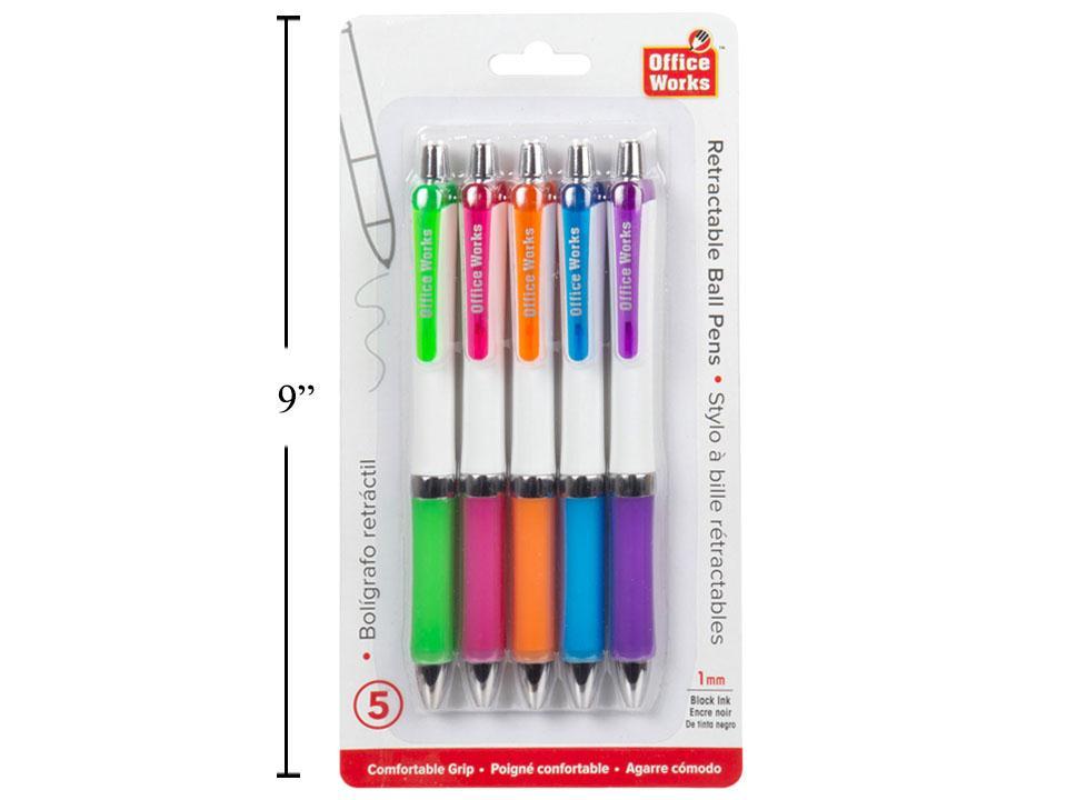 O.WKs. 5-Piece 1mm Retractable Ball Pen with Soft Grip, Black Ink