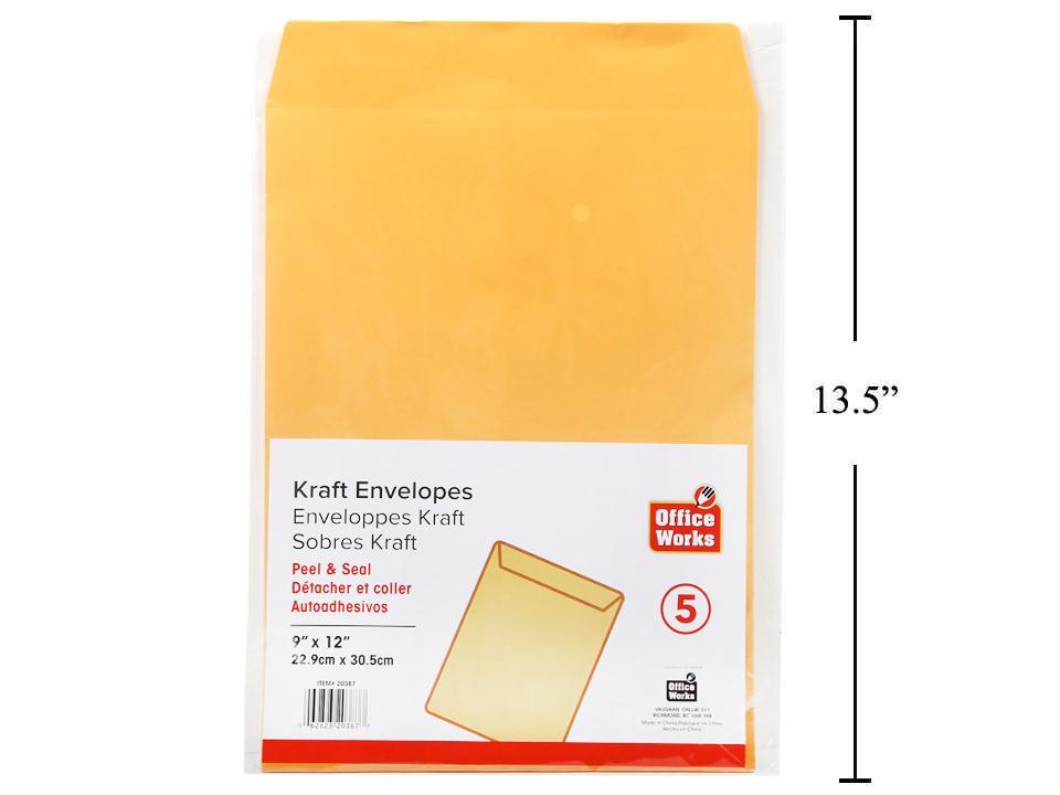 O.WKs. 5-Piece 9x12" Peel & Seal Kraft Envelope
