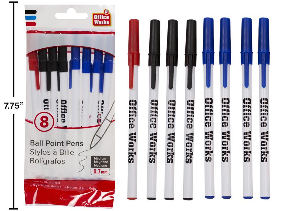 O.WKs.8-Piece White Barrel Stick Pens in Blue, Black, and Red