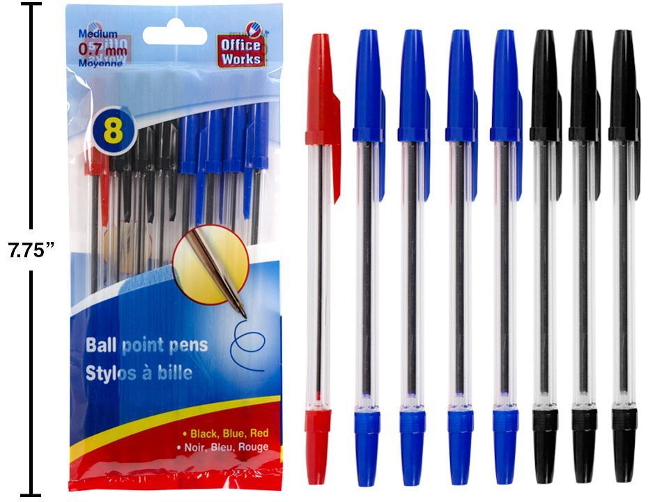 O.WKs. 8-Piece 6.25" Ball Pens Set, Including 4 Black, 3 Blue, 1 Red (HZ)