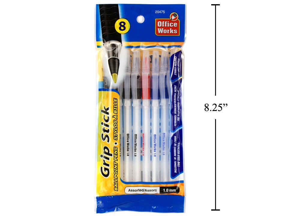 O.WKs. 8-Piece 1mm Grip Stick Pens in Blue, Red, and Black (K215405)