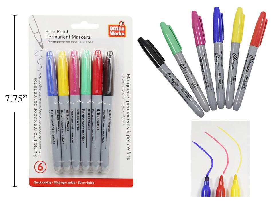 O.WKs. 6-Piece Permanent Markers Set, Mixed Colour, Fine Tip