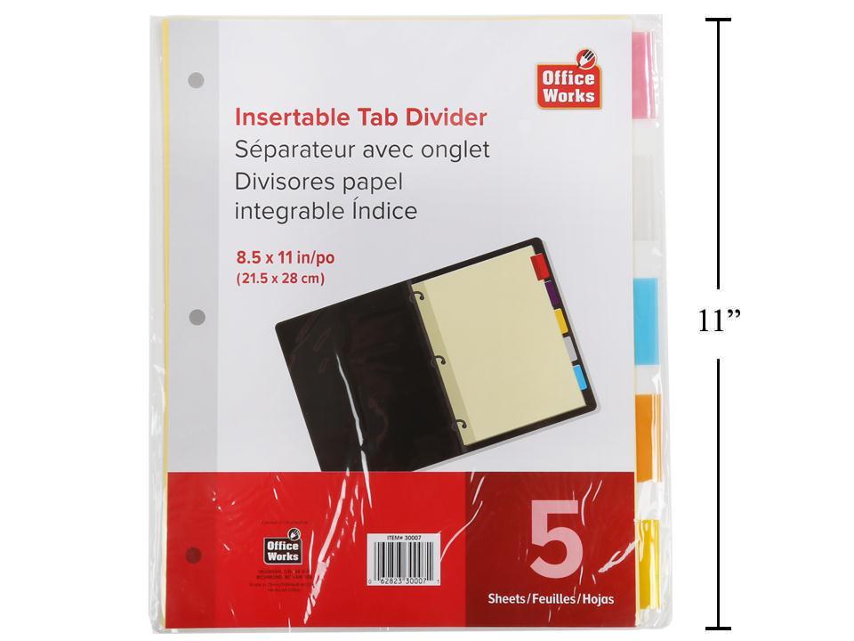 O.WKs. 5-Piece Insertable Paper Tab Dividers, Size 8.5"x11"