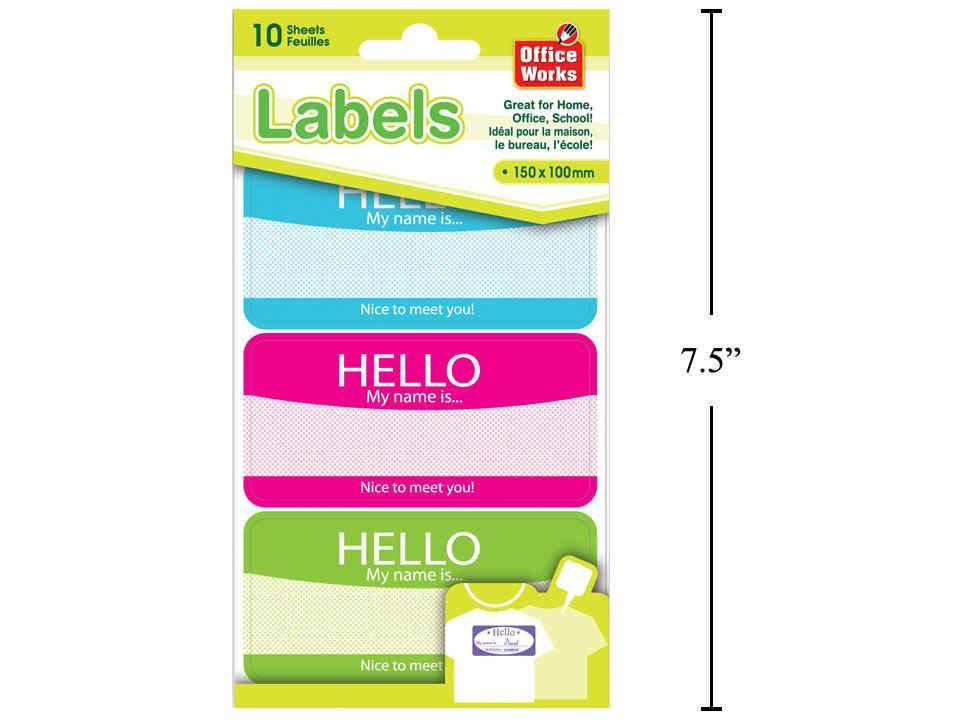 O.WKs. "HELLO" Name Tag Labels, 10 Sheets per Pack