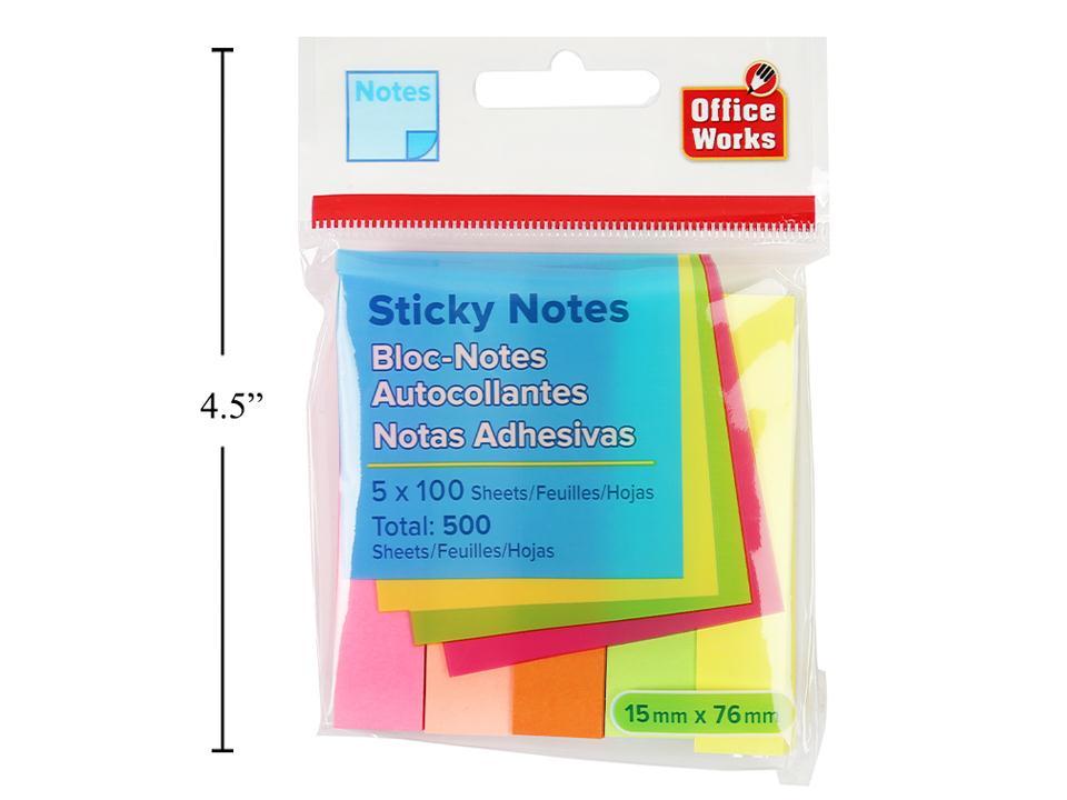 O.WKs. 100-Sheet Sticky Notes, 5-Pack, 76x15mm, Neon Colors