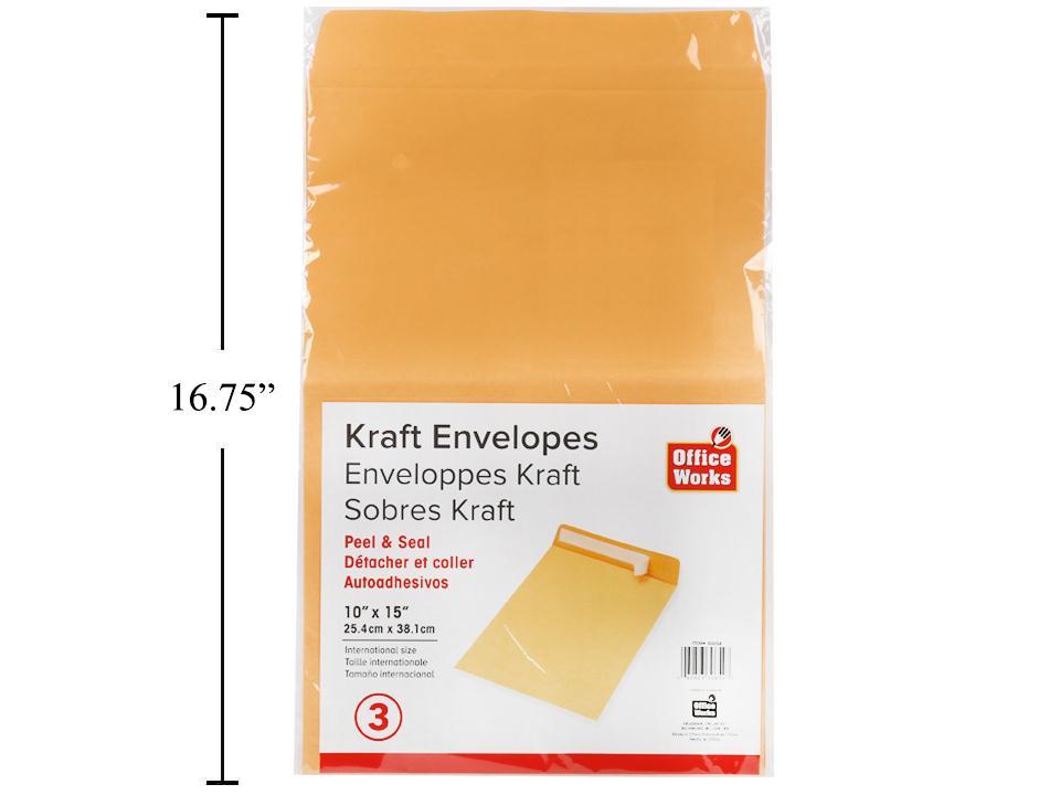 O.WKs. 4-Piece Kraft Envelopes with Peel & Seal, 10 x 15 Inches