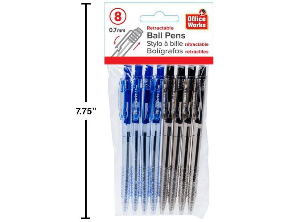 O.WKs. 8-Piece Retractable Ball Pen Set in Blue and Black, pbh