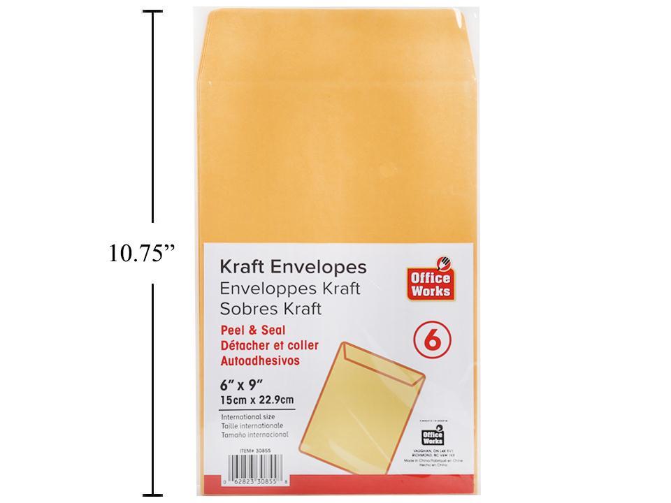 O.WKs. 6-Piece 6"x9" Kraft Envelopes with Peel & Seal Feature, Bag (HZ)