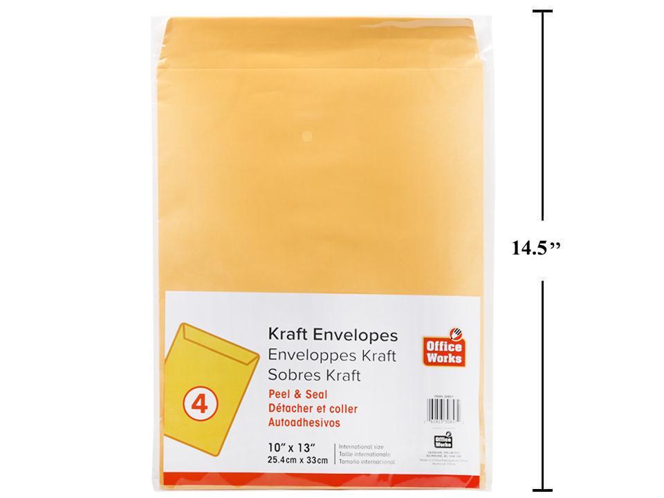 O.WKs. 4-Piece 10x13" Kraft Envelopes with Peel & Seal Feature