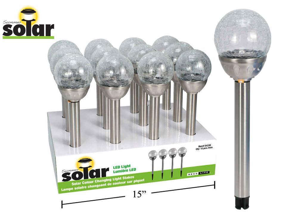 Solar Colour Changing Lt. Stake w/ Crackled Glass Ball/dpy,LED,w/batt.
