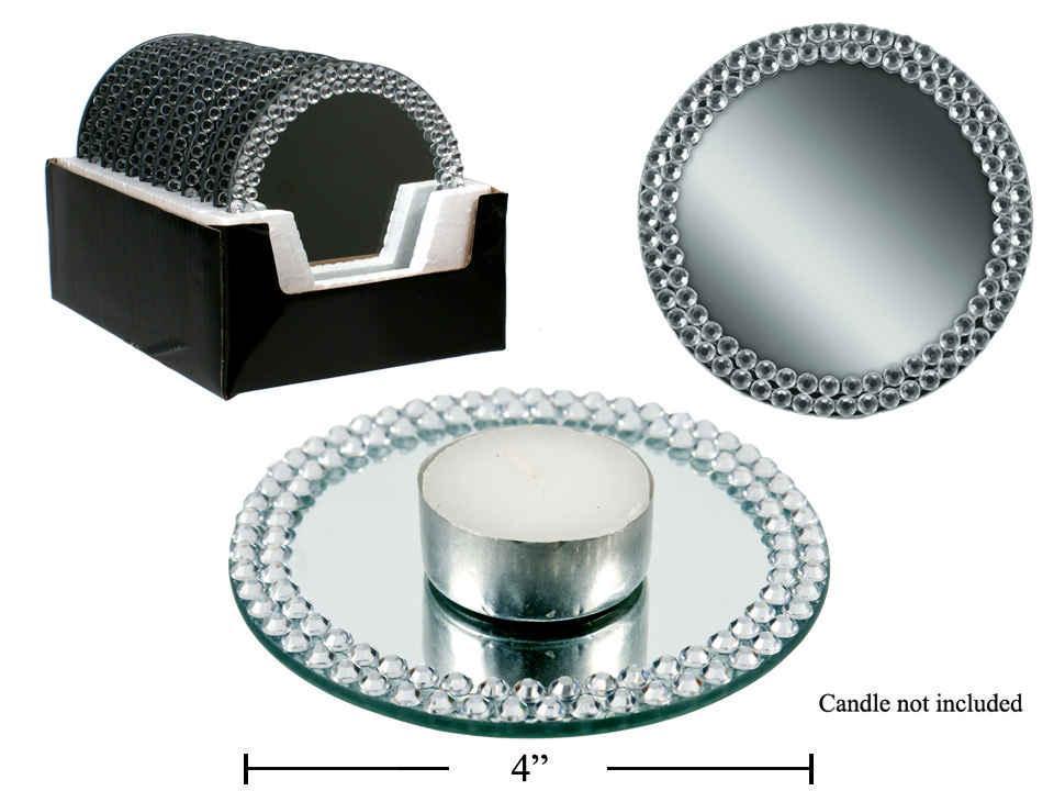 4-Inch Diameter Glass Mirror Candle Plate with Rhinestones