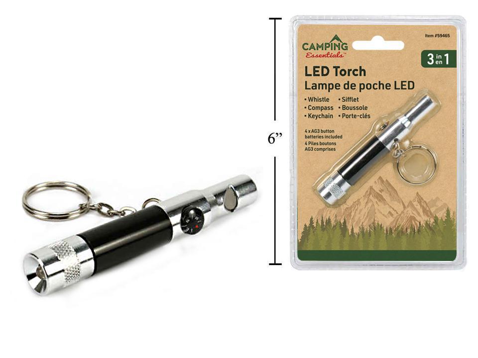 Camping 3-in-1 LED Torch w/Whistle, Compass & Keychain