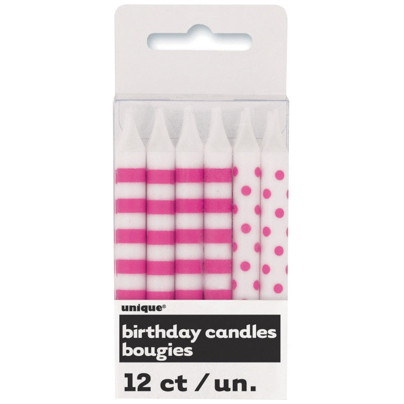 Hot Pink Stripes and Dots Birthday Candles, 12 Count