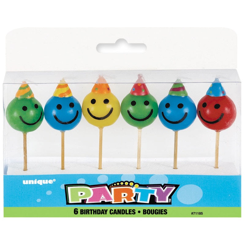 Happy Face Pick Birthday Candles, Pack of 6