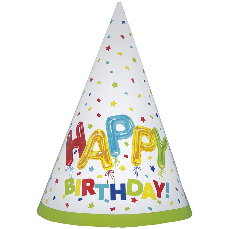 Birthday Party Hats with Happy Balloon Design, 8 Count