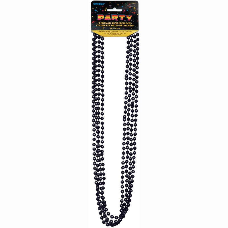 Black Metallic Bead Necklaces, 32-inch, 4 Count