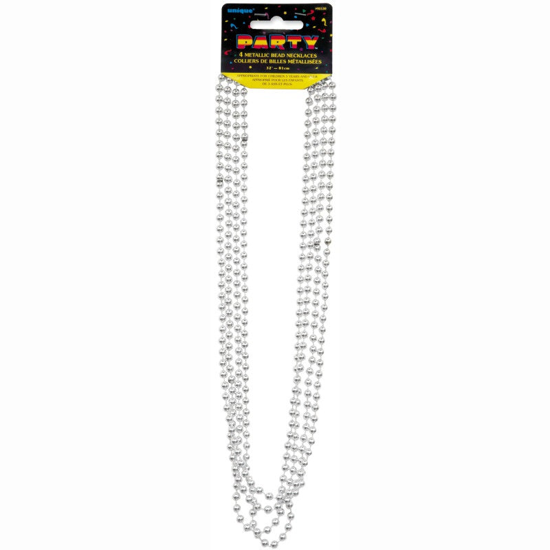Silver Metallic Bead Necklaces, 32-inch, 4 Count