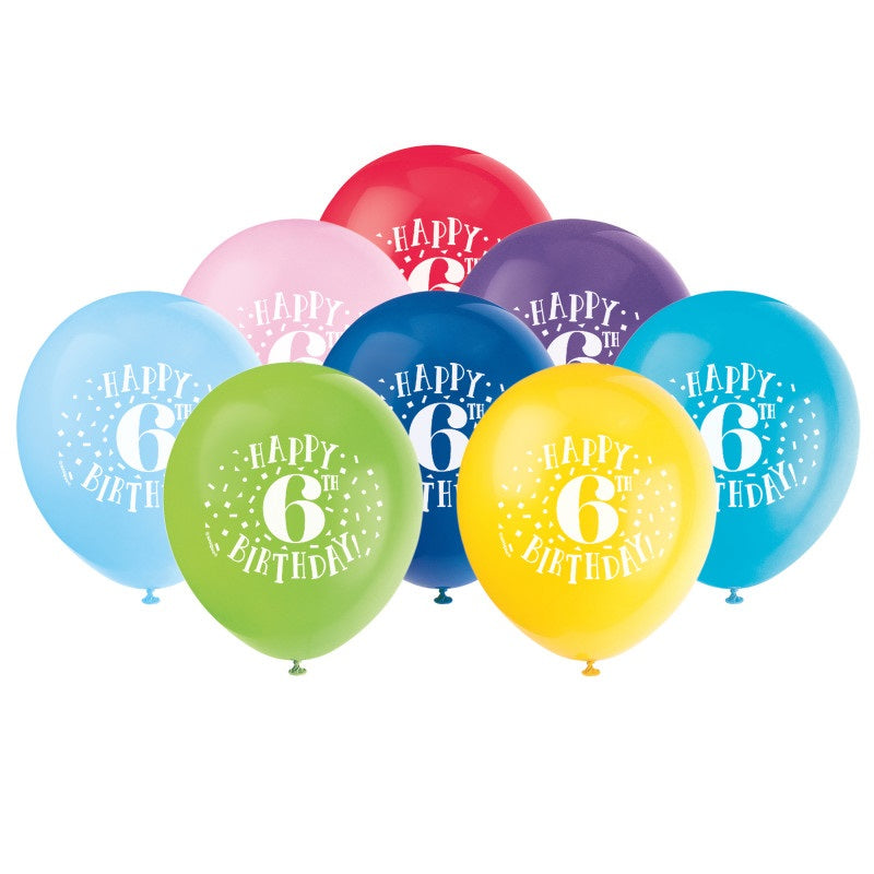 6th Birthday Latex Balloons, Pack of 8