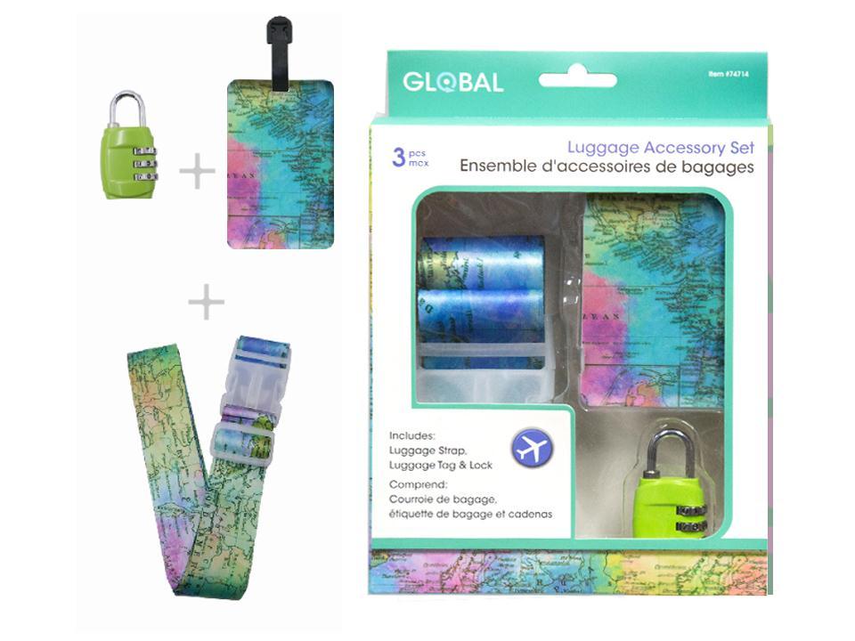 Global 3-Piece Map Luggage Set with Luggage Tag, Strap, and Lock
