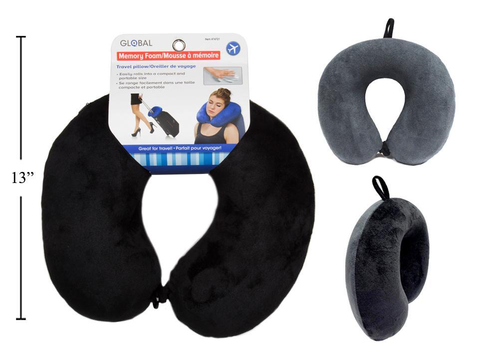 Global Foldable Memory Foam Travel Pillow in Black with Grey Highlights