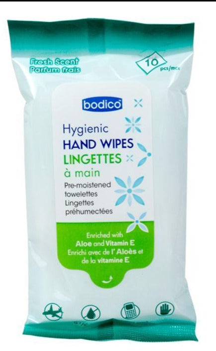 Bodico's 10-Piece Hygienic Hand Wipes in a 15x20cm Printed Bag