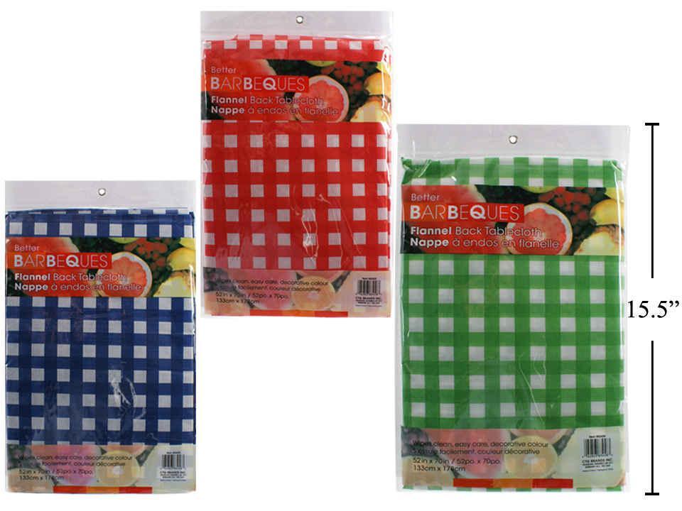 BBQ 52"x70" Flannel-Back Tablecloth ,3asst. Checkered cols.,printed bag