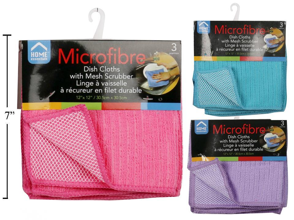 H.E. 3-Piece Microfibre Dish Cloth with Scrubber, Heat/Cold Resistant, 12"x 12"
