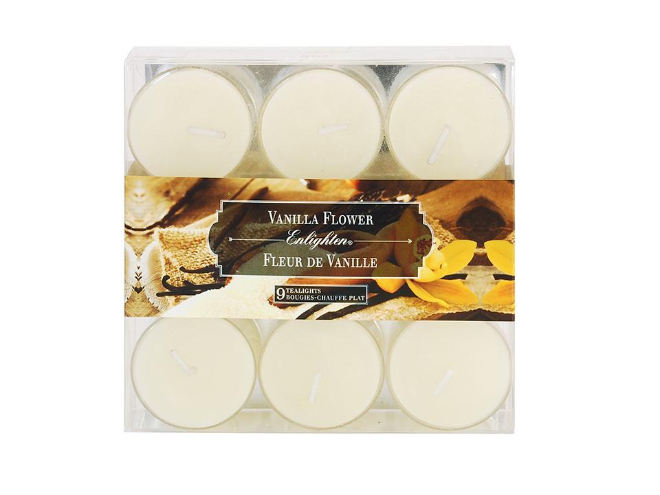 Enlighten 9-Pack Clear Cup T-Light, Vanilla Flower Scented