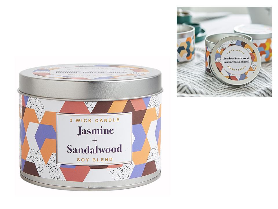 3-Wick Tin Candle with Jasmine and Sandalwood Scent, Paraffin/Soy Blend