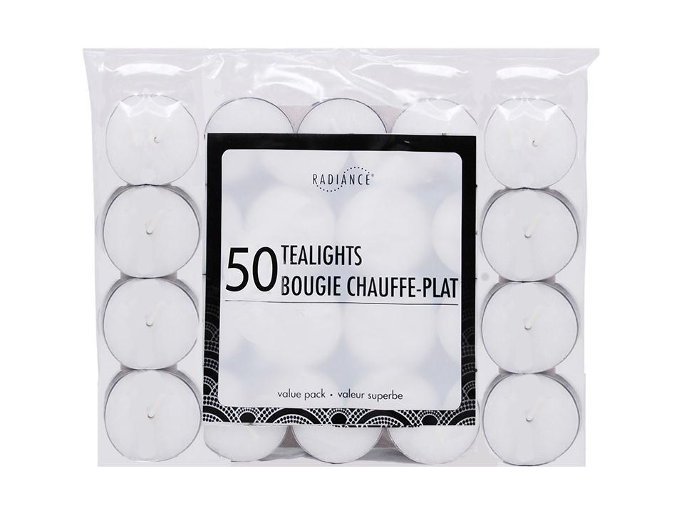 Radiance 50-Pack White Tealight Candles, 10gm Bagged, 3 Hours Burn Time