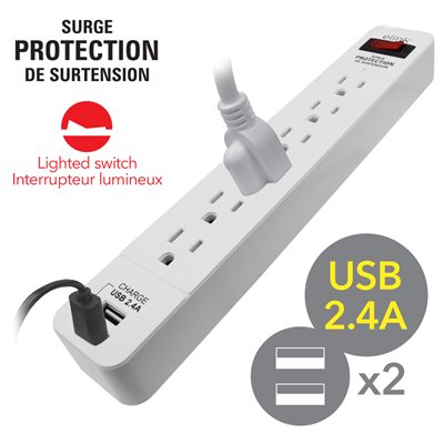 6-Outlet Power Bar with Surge Protection and 2 USB Ports, 1.5 ft Power, 300 Joules