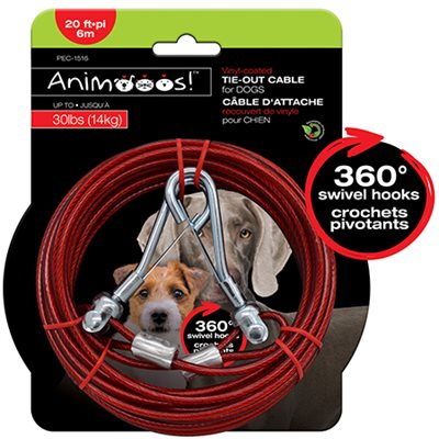 20ft Vinyl-Coated Steel Tie-Out Cable for Dogs up to 30lbs, 0.14" Diameter