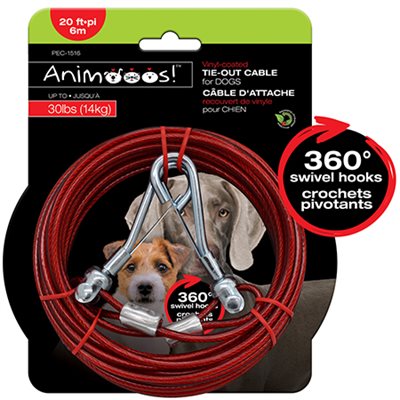 20ft Vinyl-Coated Steel Tie-Out Cable for Dogs up to 30lbs, 0.14" Diameter