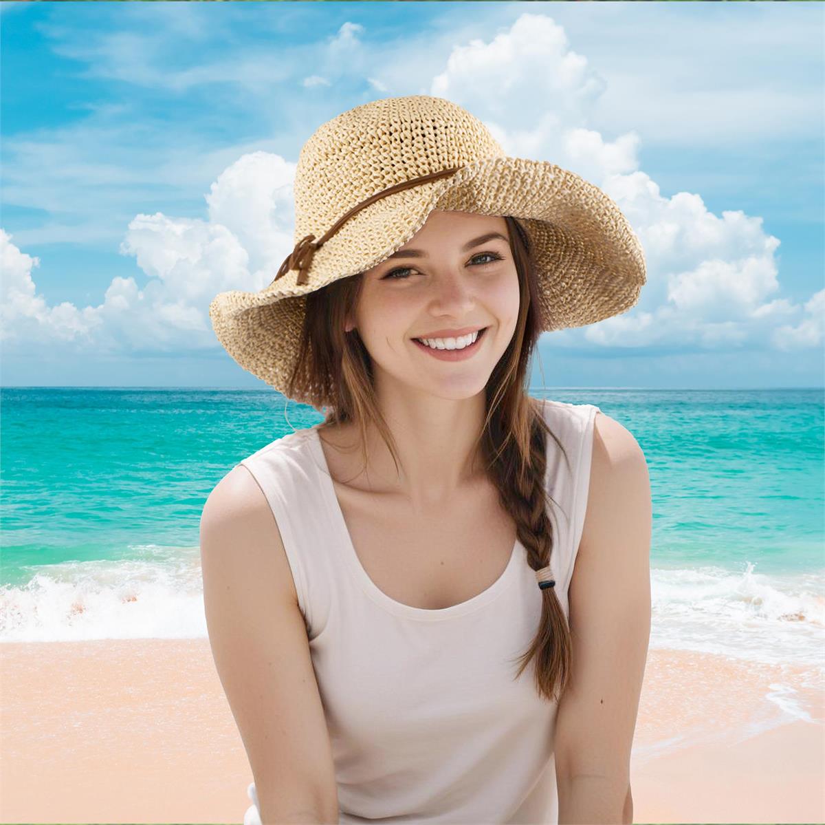 Ladies Wide Brim Round Top Straw Hat