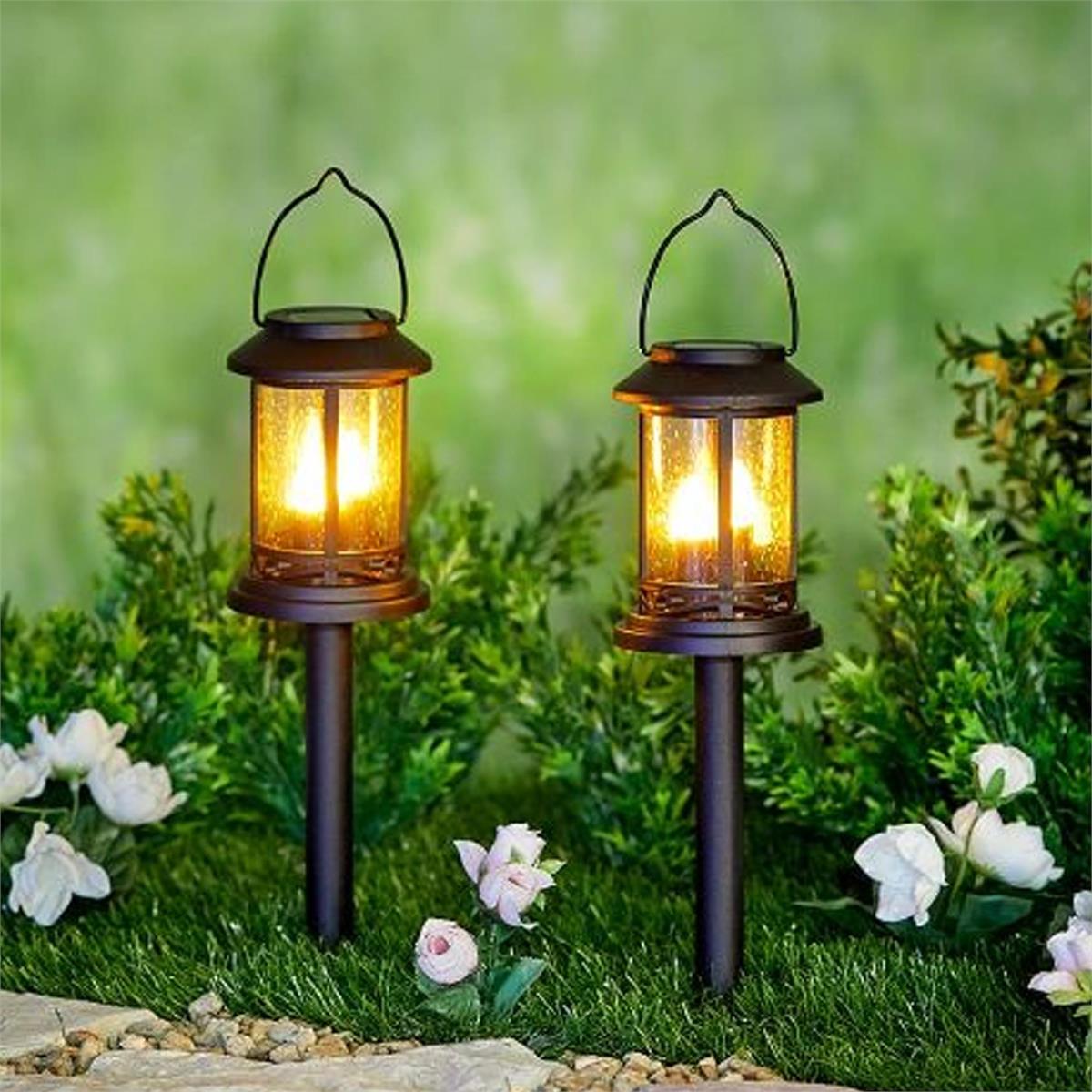 Solar Stake Light Lantern, 3 Flickering LED, 5.5"x15.8"