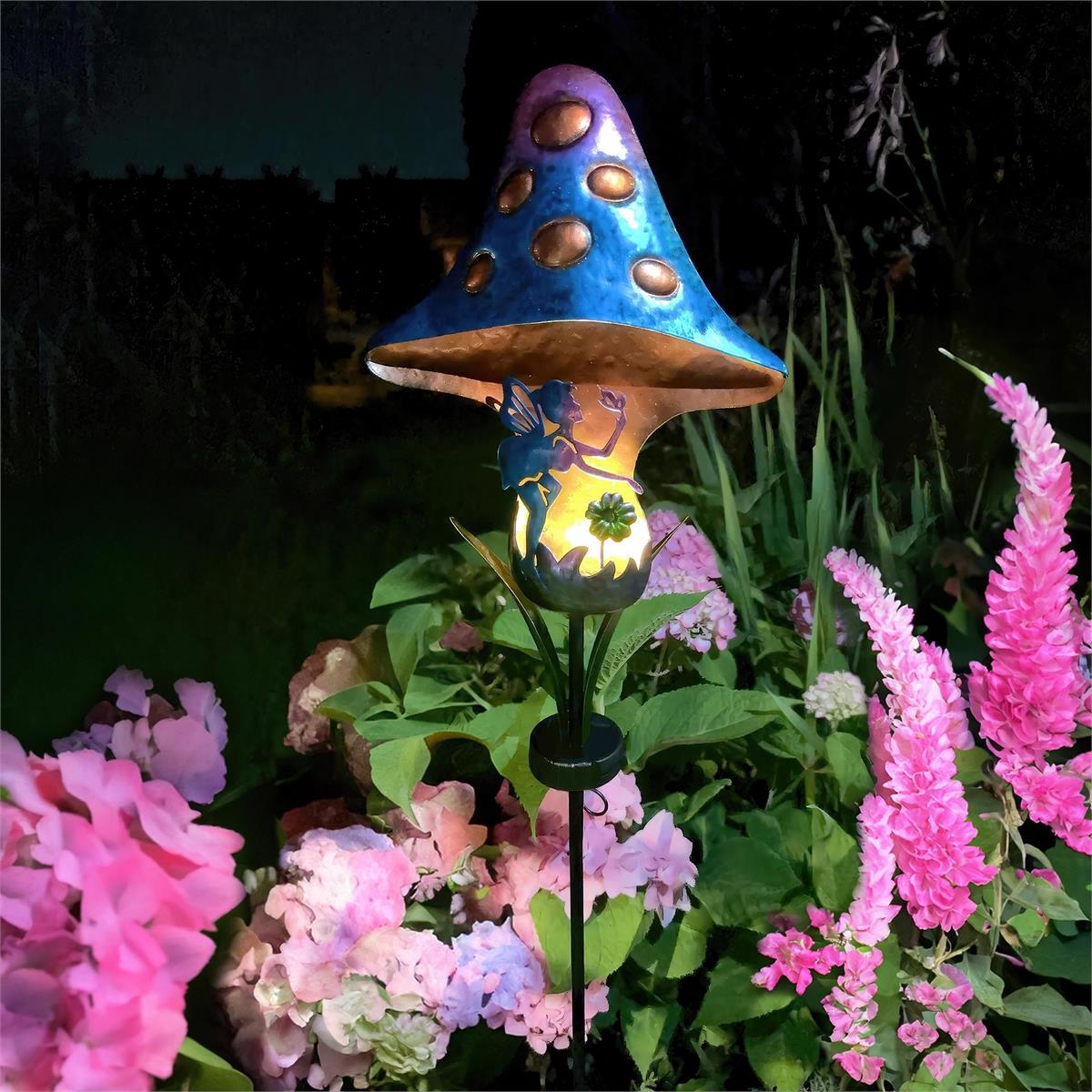 Solar Light Up 36"H Metal Stake, Mushroom