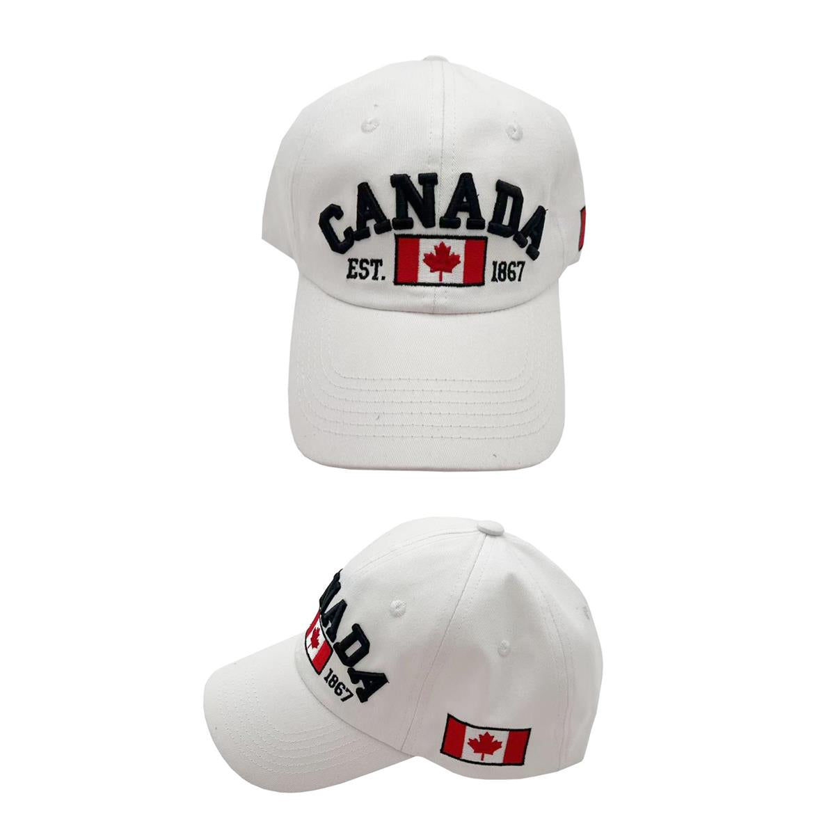 Canada Baseball Cap, White, Cotton, Embroidered Flag, Buckle Strap