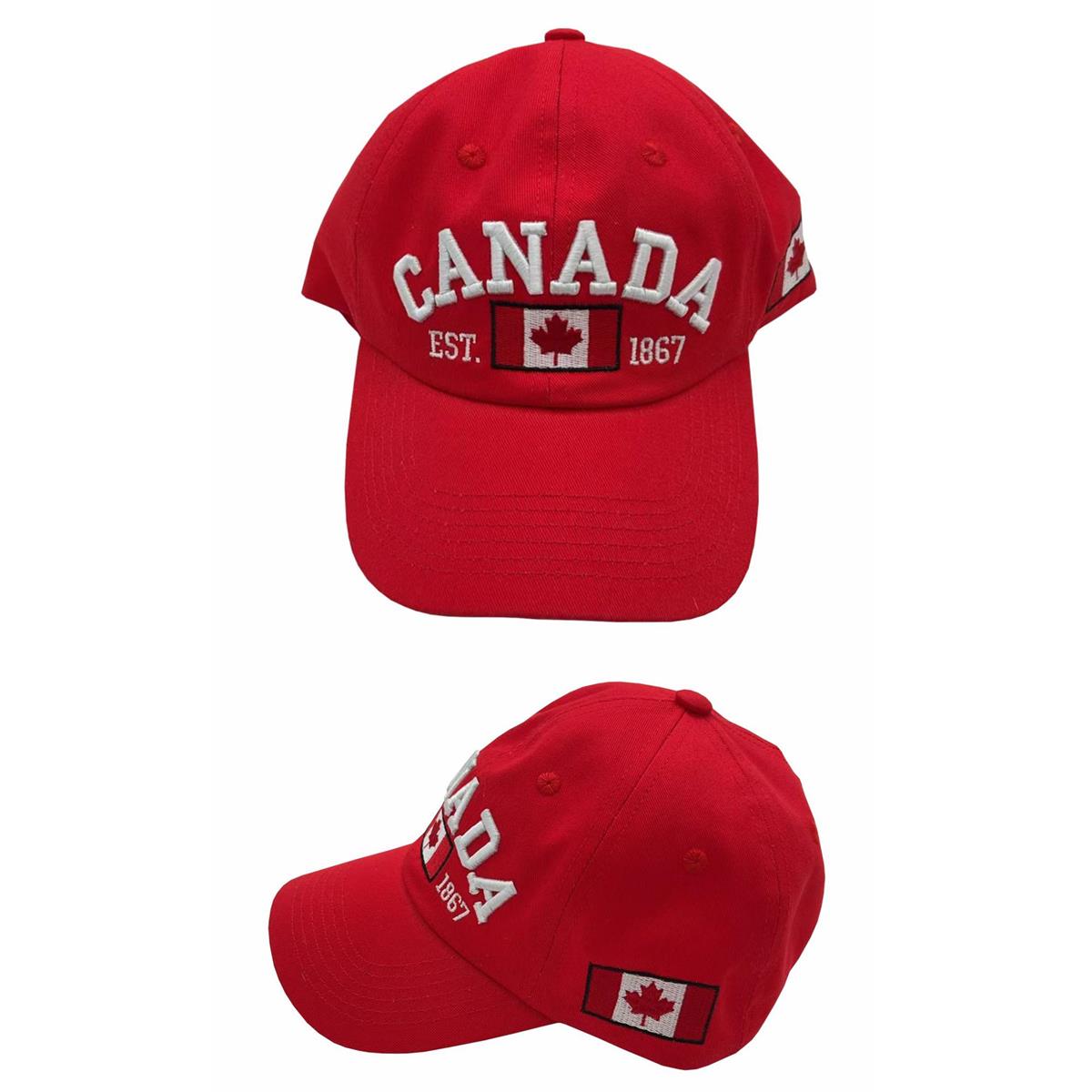 Red Canada Baseball Cap with Embroidered Flag and Buckle Strap