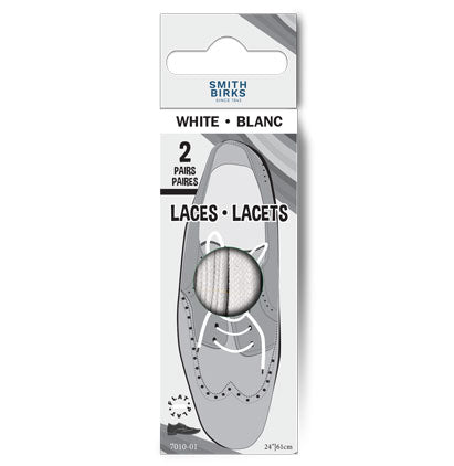 24" White Flat Shoelaces, 2 Pair
