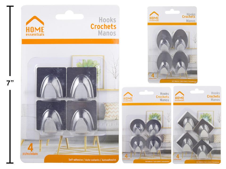 4-Pc S/S Hooks, Self Adhesive