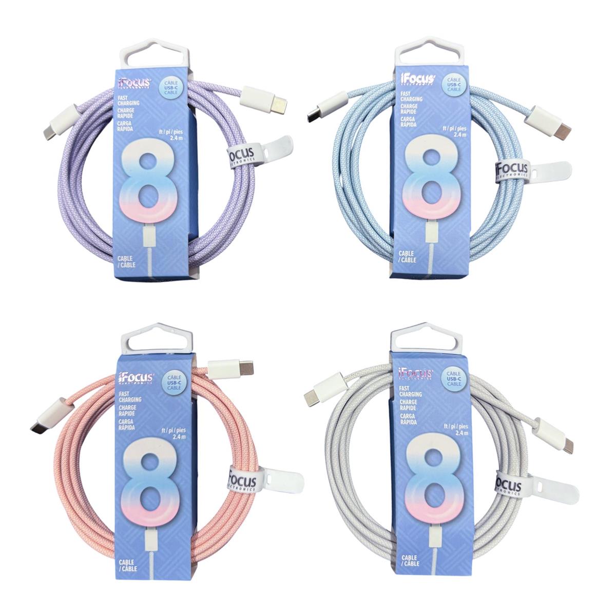 iFocus 8 ft. Soft Braided USB-C Cable with Velcro Strap