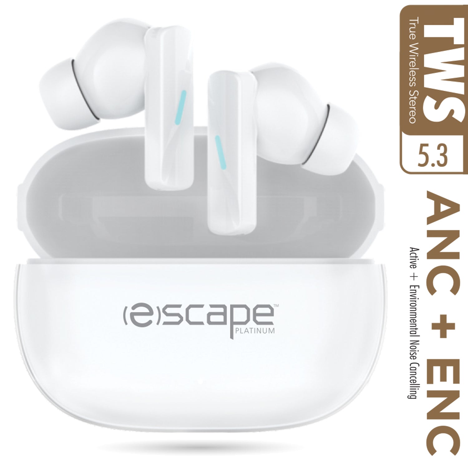 Escape White Wireless Noise-Cancelling Earbuds with Mic & Charging Case