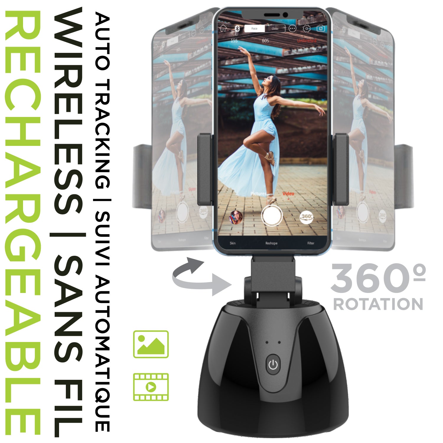 Rechargeable Auto-Tracking Rotating Phone Stand