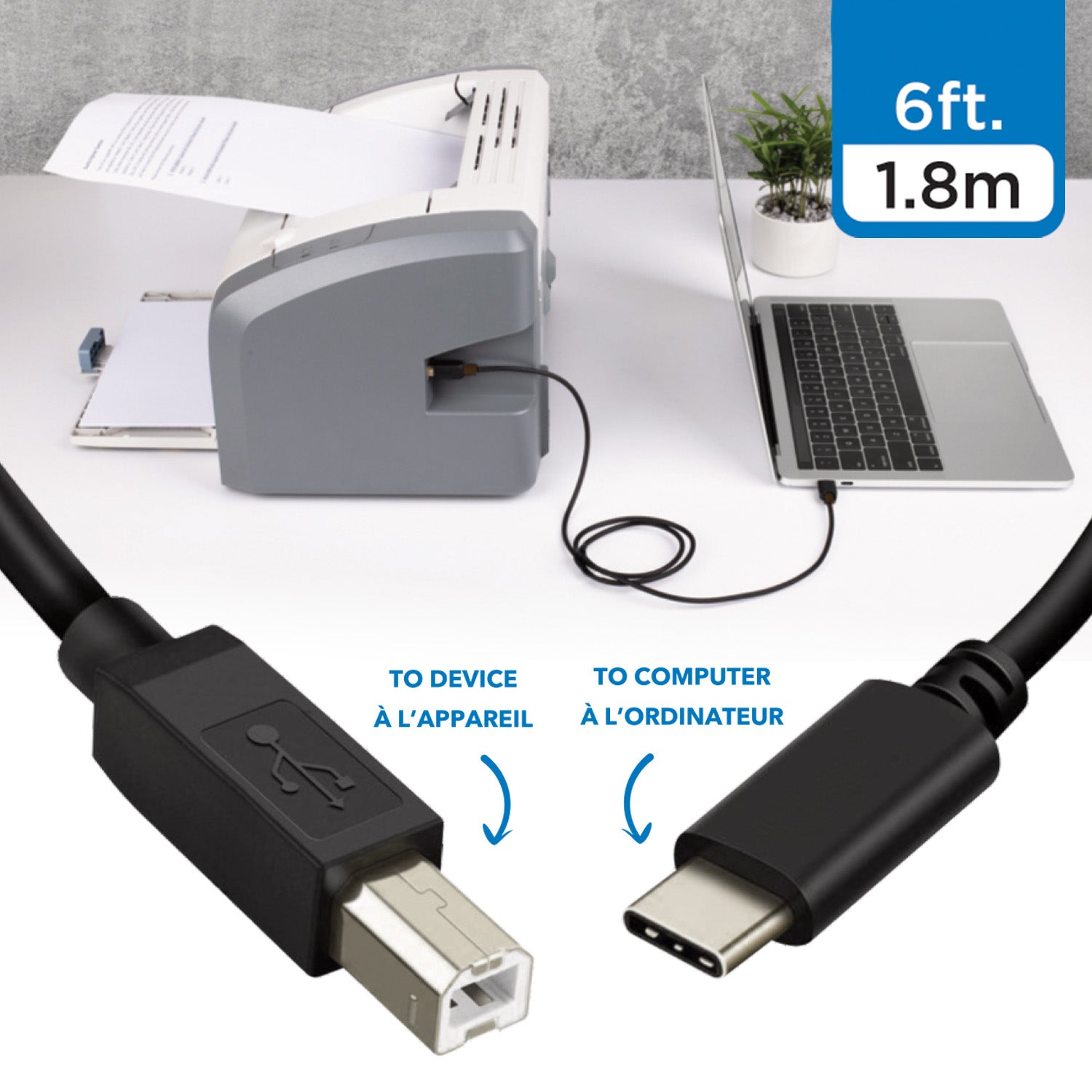 6 ft USB-C to USB-B Printer & Scanner Cable