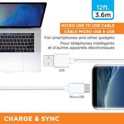 Micro USB Charging and Data Transfer Cable, 12 Foot