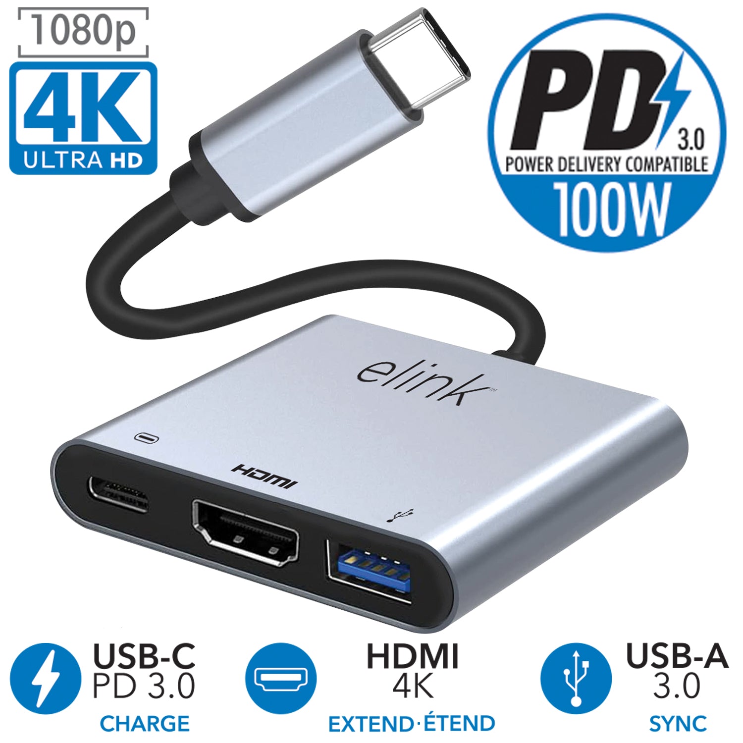 3-in-1 USB-C Hub with HDMI, USB & Charging Port